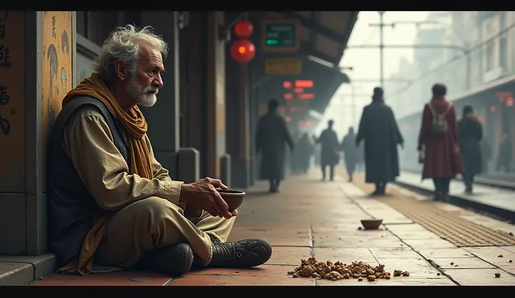 A beggar is sitting outside the railway station with a bowl. He used to sing songs and make noise. Due to which people were attracted towards him.