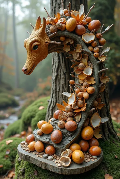 Create a half-relief in the style of artist Courtney Mathison，No characters，Materials are natural materials such as：Nutshell，Branches，shell，Fungal hyphae，Peel, etc.
