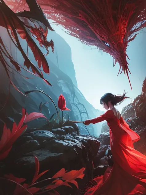 A painting of a slander demon man without a mouth and nose only eyes like anime style giving a piece of flower to a little young red dress girl, background white then black, dan mumford and alex grey style, el bosco style, anton fadeev style, albert bierst...