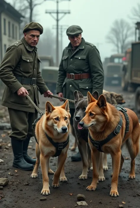 A dramatic scene depicting Soviet soldiers training dogs during World War II. The background should show a war-torn setting with soldiers in uniform, focusing on the intense and urgent atmosphere of the era. The dogs should be wearing harnesses and looking...