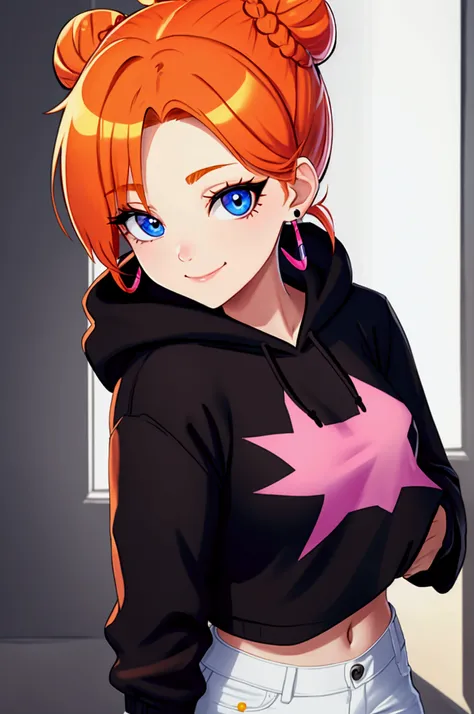 solo, 1girl, young, orange hair, twin buns, two buns, blue eyes, eyeliner, light smile, black earrings, black-pink hoodie, white jeans, half-body