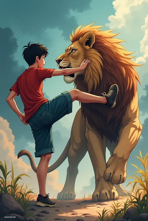 Young teen boy  kick lion and lion injured (anime version)
