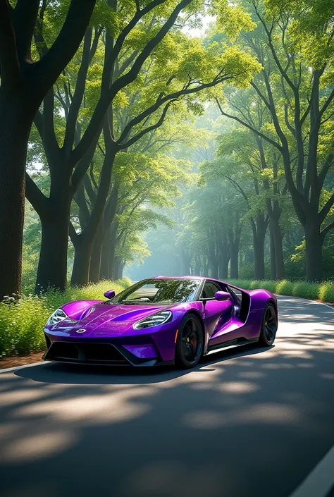 A purple car on the road with surround the beautiful trees 