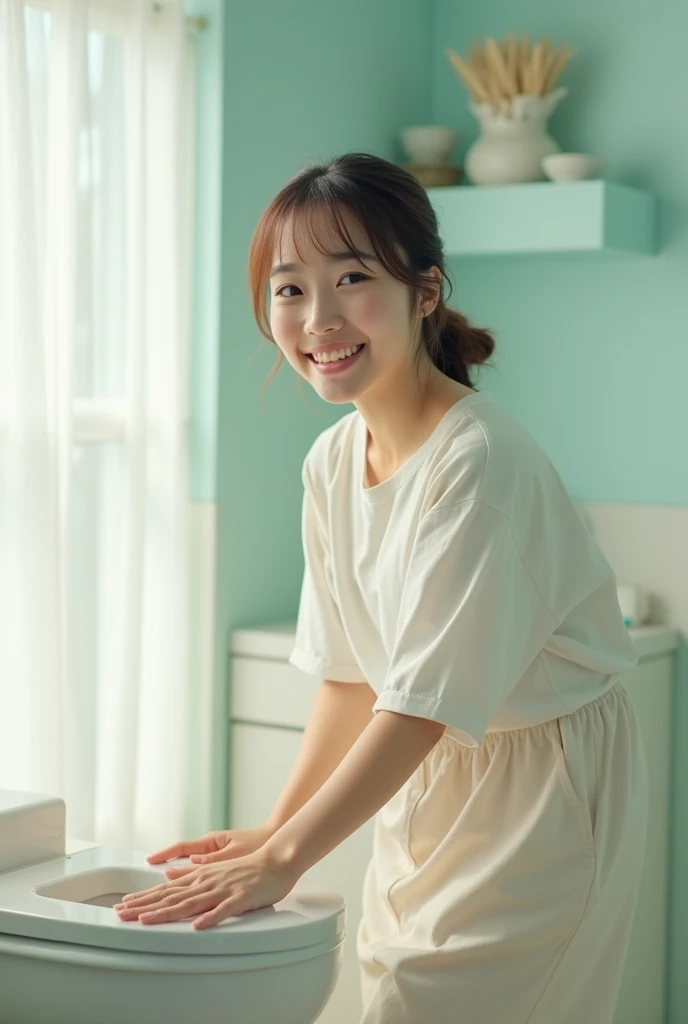 realistic 30s age happy korean woman cleanning toilet bowl true size, comfortable wear, simple makeup, bright pastel wall, wide room, feel clean, water highlight