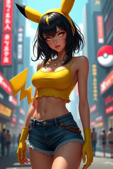 A cheerfully beautiful sexy woman with  mixture black and  yellow hair colour, wearing sexy Pikachu themed tank top with middle size boobs. wearing a short jeans. She has pikachu horn and tail. she looks energetic, she is standing in the middle of a futuri...