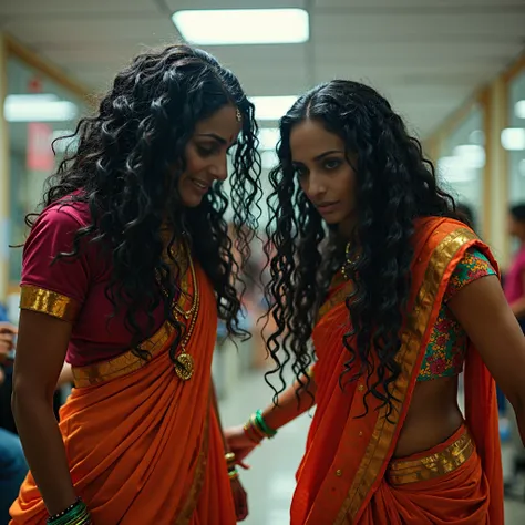 in a vibrant indian office ,two indian mature office ladies,dressed in traditional attire, performing possesion disti dance.Due to extreme possession their black long,intricately curled 3c curly dragging in horizontal but straight like pole.head is bended ...