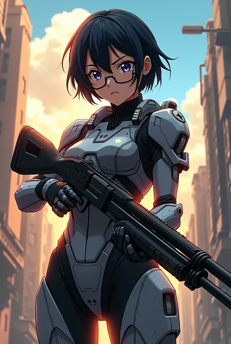 An 14 year female short hair wear glasses serious with a shotgun Indian Anime hero use element power in modified machine suit full body image from head to ground in standing 
