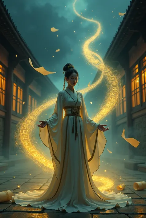 A mystical scene unfolds in a dimly lit traditional East Asian setting. At the center stands a serene chinese woman in jutsu hands, dressed in elaborate traditional attire, exuding an aura of calm amidst the chaos. Surrounding them are swirling papers, eac...