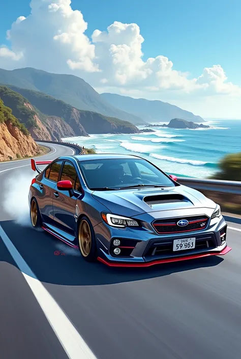 An illustration of a Subaru WRX S4 running on a seaside road。Body color is magnetite gray。No rear wing。No antenna。Aero parts are cherry red。Cherry red side mirrors。The tire wheels are black。The bonnet is magnetite grey。The number plate on the car has &quot...