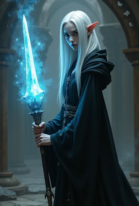 Dungeons and dragons style, a female drow with pure pin straight white hair split in the middle, her hair isnt too long only reaching her shoulders. she wears a black robe and wields a light emitting mace