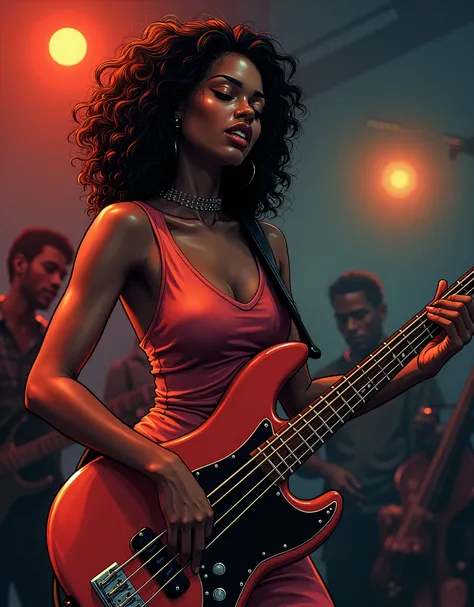 a beautiful brunette arican-american female jazz fusion musician, with bass player in the foreground, audience in the background, very detailed, colored pencil media in the style of illustration by the maestro Don Lawrence, octane render, realistic color c...