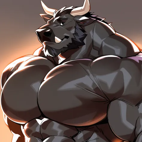 black bara bull, black fur, very large pecs, strong physique, very muscular, perfect anatomy, masterpiece, black beard, black ey...