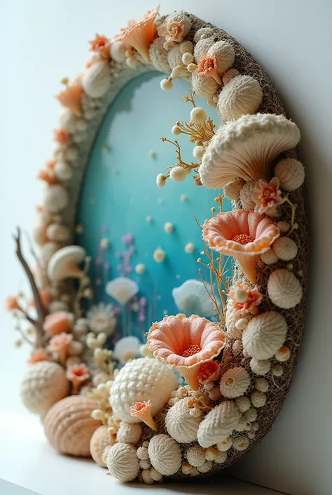 Create a half-relief in the style of artist Rachel Dein，No characters，Materials are natural materials such as：shell，Fungal hyphae、Coconut wool and other features of the underwater world

