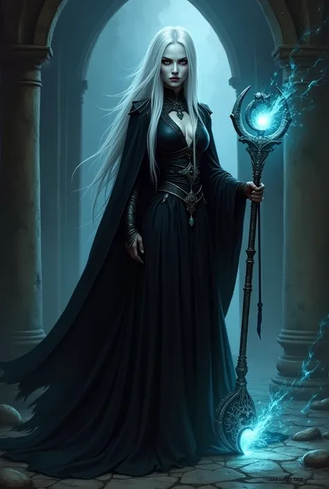 Dungeons and dragons style, a female drow with pure pin straight white hair split in the middle, her hair is somewhat short reaching her shoulders. she wears a black robe and wields a light emitting mace