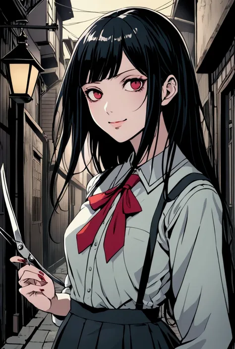 a kuchisake onna with porcelain skin, red eyes, and a frilly pink mask that grotesquely stretches her smile, standing in a dimly lit alley with a flickering street lamp, holding a pair of gleaming scissors, her jet-black hair flowing in the breeze, wearing...