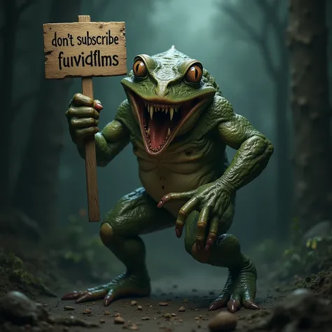 A frog monster holding a wooden sign reading "dont subscribe Funvidfilms", ugly frog creature, horrifying, grotesque, unsettling, dark fantasy, monstrous, detailed texture, slimy skin, sharp teeth, intense glowing eyes, dramatic lighting, moody atmosphere,...