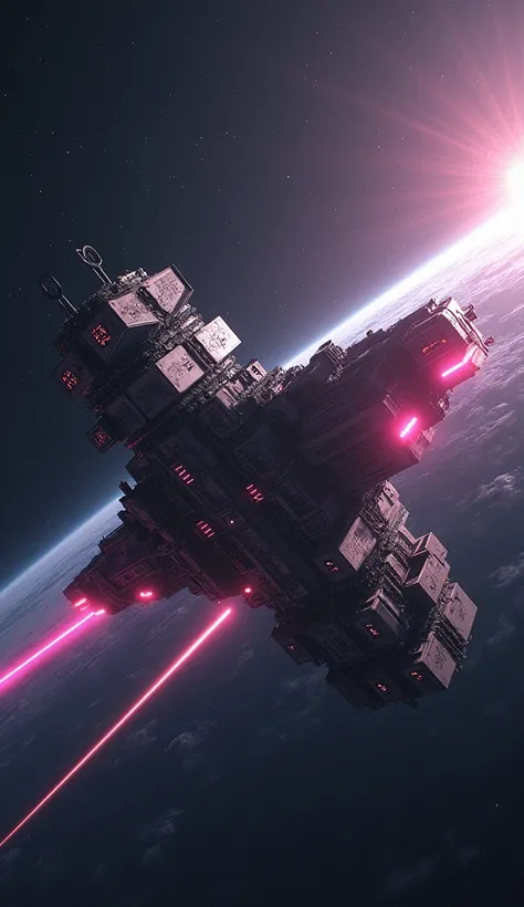 A massive space station traveling at fast speed towards Earth. Epic shot, cinematic, sci-fi art style. hyperrealistic photorealistic,pink,laser high resolution, masterpiece, accurate, 最high quality, High-resolution model, High detail, high quality, Very de...