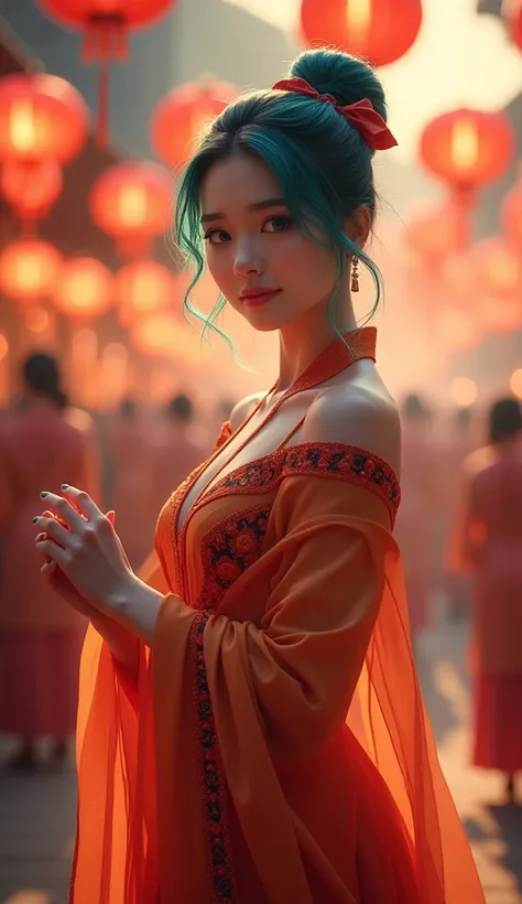 photorealistic, masterpiece, photorealistic, high resolution, soft light, full body, hips up, blue eyes, teal hair, long hair, Intricate details EABA, violet silk cloaks, holding Red paper lanterns, Mid-Autumn Festival, Loyal Dancer, orange silk dress, red...