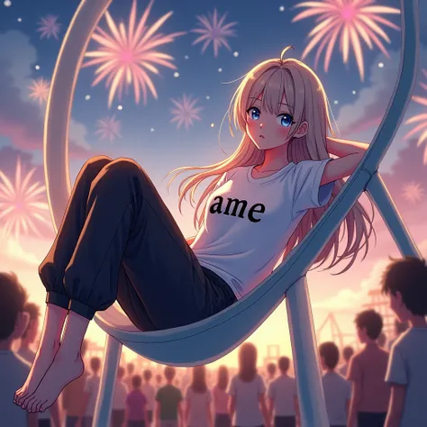 long hair anime girl wearing  white tshirt 
and black loose jogging pants, with a text 
"Ame" (bold serif font, not in all caps) on her T-shirt, In a fireworks and ferris wheel (the 
girl is in the middle of ferris wheel on here 
back) and  blurry crowd ba...