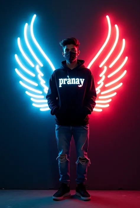 a 16 years indian boy confidently against a dark wall, illuminated by a vivid neon. They wear a black hoodie, black joggers with the text “PRANAY”clearly written in neon light on hoodie and also wearing a face mask and looking so cute,stylish hair with the...