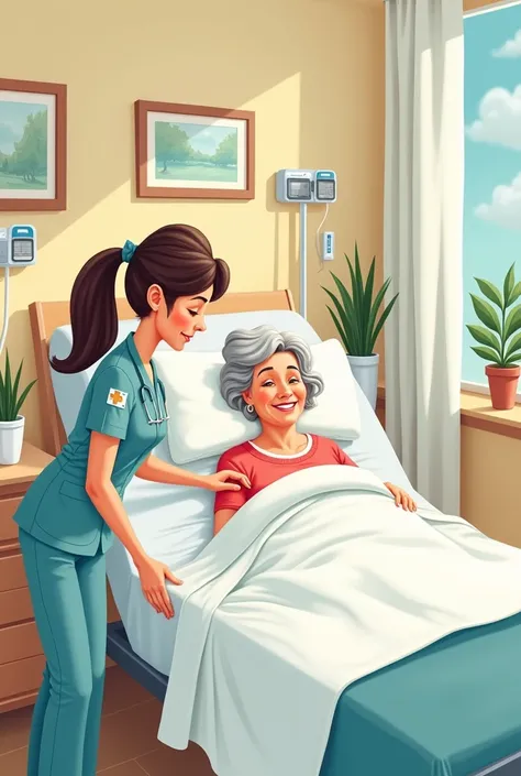 cartoon image of woman patient 40yrs old sitting in hospital bed with nurse in front of her