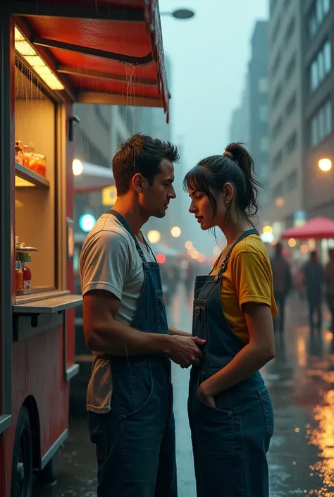 PhotoRealistic of a sudden down pour that made two food truck owners a man and a lady that are rivals to seek shelter  together 