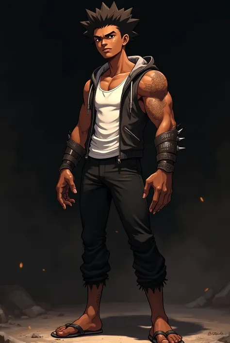 The whole body of the African boy in anime style:1.2, molded with strength and with sharp nails, wearing an African tank top jacket and black pants, in a dark environment with strong contrast. Soft face, Several marks on the right and left arms, no marks o...