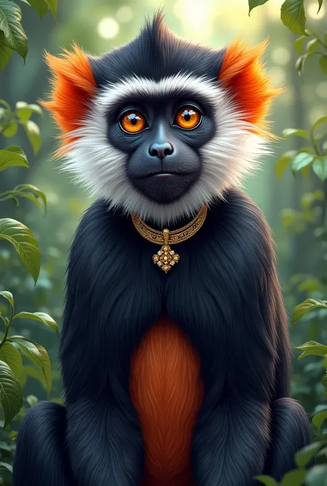 (SeaArt) A female red shanked duoc langur with a black, dark grey, grey, white, and red coat of fur. Its hair is a dark grey, with bright orange accents. She has white fur surrounding her face and chin. She has a bright orange face with a prominent, rounde...