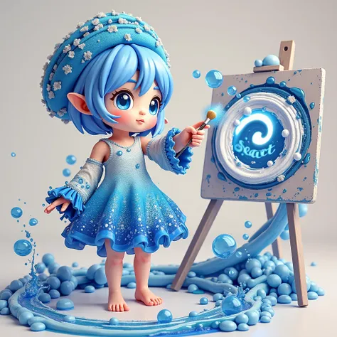 cute，A blue sea elf，Wearing clothes made from seawater，Wearing a digitally-made blue sea painter&#39;s hat，Barefoot，Holding a paintbrush in left hand，Right hand pointing forward，On the right hand, there is a large circle made of blue sea water with the wor...