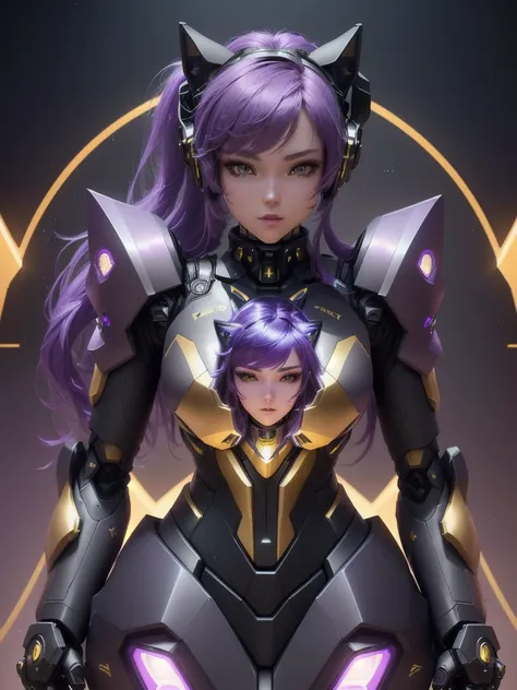 a close up of a android in a cat suit with purple hair, android girl in mecha cyber armor, 3 d render character art 8 k, knights of zodiac android girl, attractive android cat girl, wearing golden cat armor, unreal engine render saint seiya, portrait knigh...