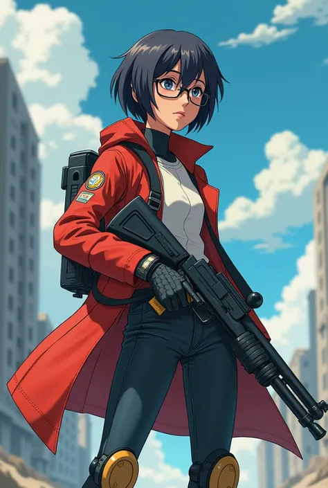 An 14 year female short hair wear glasses serious with a shotgun come from future Indian Anime hero use element power in modified machine suit with a coat full body image from head to ground in standing 
