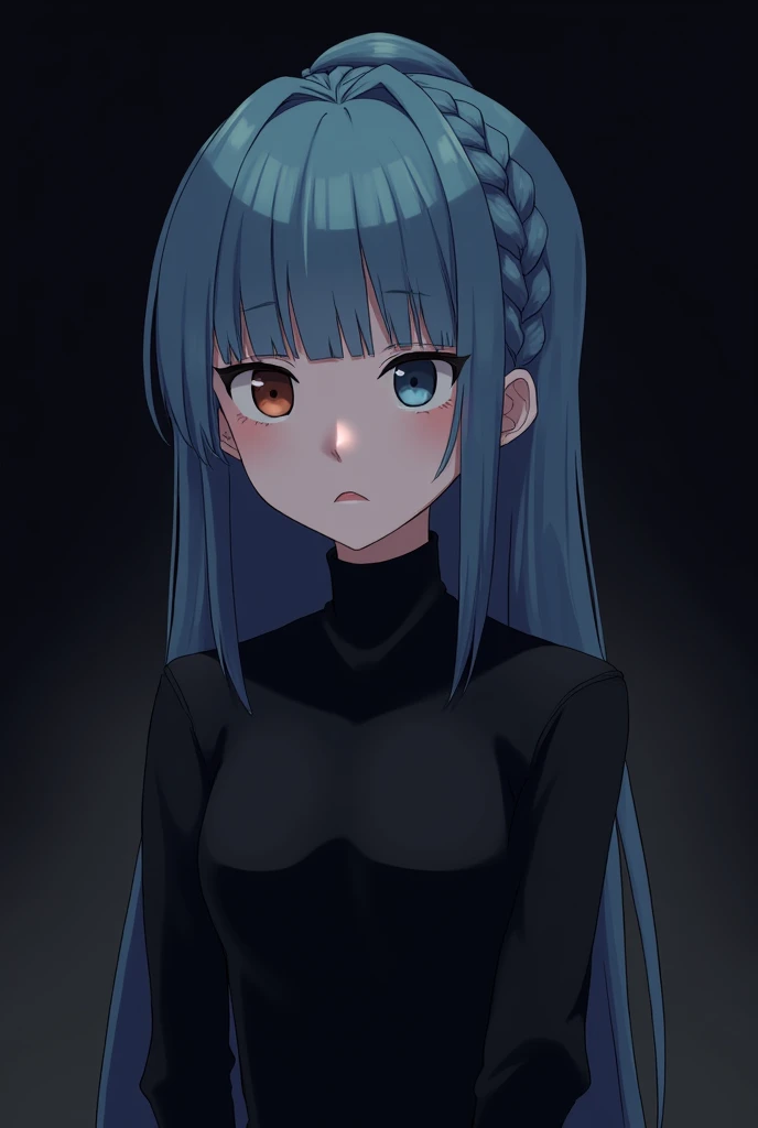 The image is a digital illustration of a young boy with long blue hair. She has a serious expression on her face and is looking off to the side. Her hair is styled in a half-up, half-down ponytail with a braid on top. She is wearing a black dress with a hi...