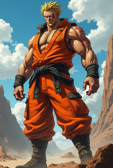 Create an image of the character Curirim from the anime Dragoboll Z with a bruised face from being beaten with an orange fighter outfit 