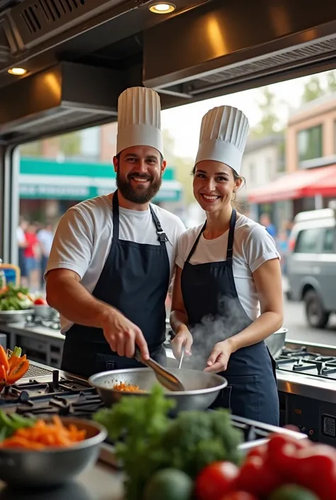 Photorealistic of 2 food trucks owners a man and lady cooking together in a truck 