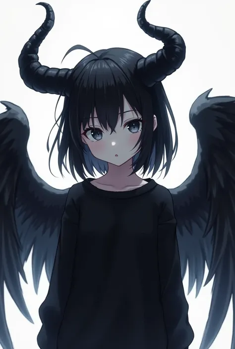 create an image of an anime girl with raven wings, has black horns, black hair, with emotionless facial expression, ghost white and a black sweater
