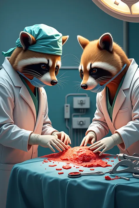 The raccoon1 , capybara 1 , they are standing and doing a medical operation, they are wearing white coats and caps , masks on faces , Lots of blood,Realistic anatomy, Best quality, in detail, High detail, quality, Very detailed, high quality, 