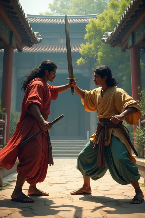 Young Indian man with grown black hair fight against his master who has sword in ancient school 