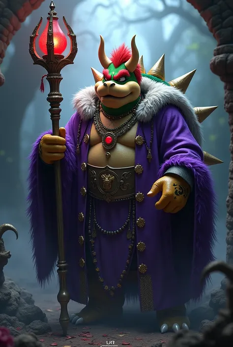 video game Bowser as a voodoo priest. Purple attire. Fur accents. Voodoo face paint. Voodoo necklace. Voodoo staff.