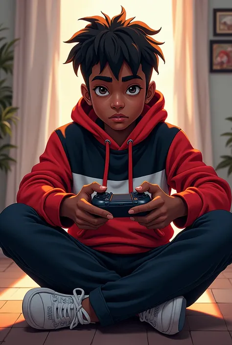 Dark brown skin,teen,1 male,wearing a jaclet with a mix of red, black and white, setting a chair, legs cross,holding gaming control in hand