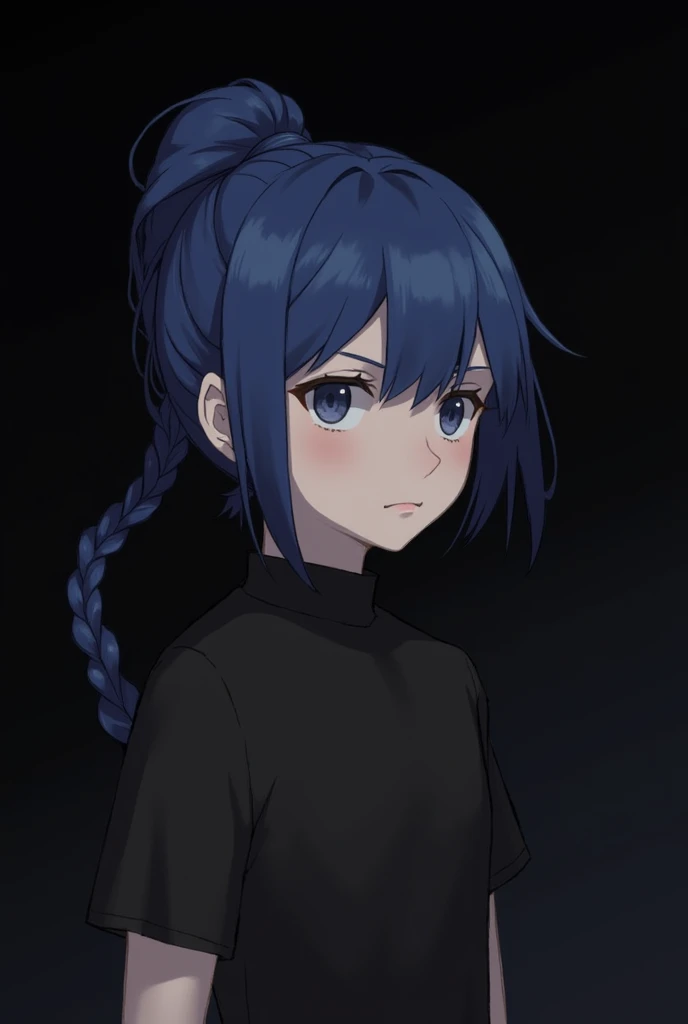 The image is a digital illustration of a young boy with  blue hair. He has a serious expression on her face and is looking off to the side. Her hair is styled in a half-up, half-down ponytail with a braid on top. He is wearing a black dress with a high bla...