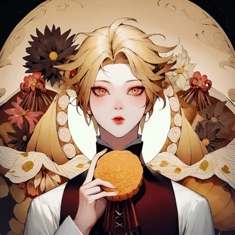 Handsome man，blond，flower，Audai，ribbon，hairpin，Moon，Eat mooncakes，旁邊有三flower小貓