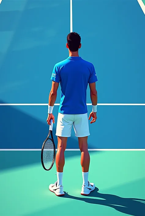 A movie poster inspired by Disney Pixars signature digital art style. Novak Djokovic, um tenista profissional, Wears white shorts and blue shirt on the tennis court.