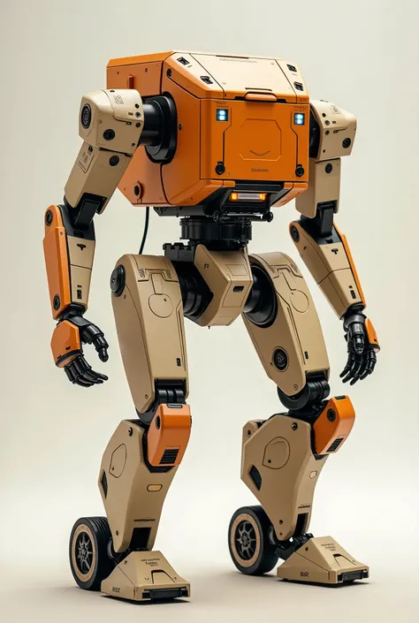 live-action、Real、robot、Solid and linear design、Sand beige and orange coloring、 Head and body are integrated、Rectangular box-like silhouette、There are numerous maintenance hatches.、Sensors and antennas、Lights are on、 arm: Compact and lightweight, Thin armor...