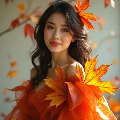 A stunning and innovative portrait of a beautiful woman looking into the camera with a smile, intricately designed with vibrant autumn leaves. The leaves blend perfectly to form her dress, with every detail carefully considered and thought out. The work fe...