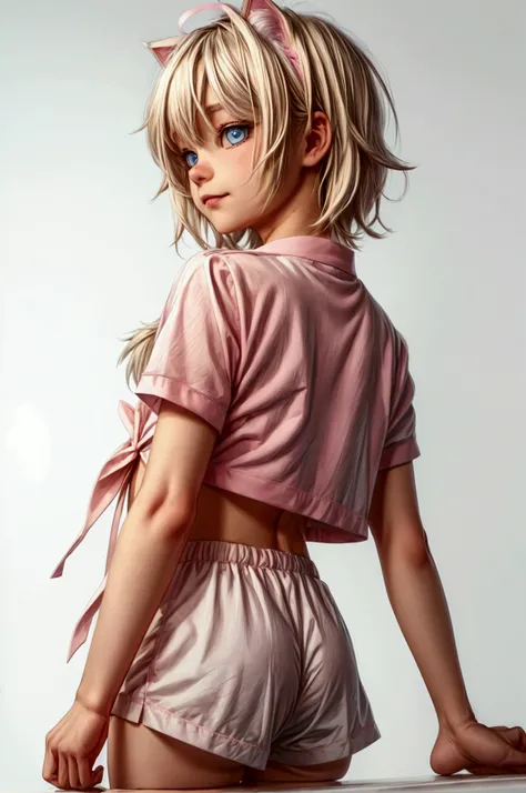 Anime style, Highres, Masterpiece, Best quality at best, Best Quality, hight quality, hight detailed, 1boy, blonde boy, perfect boy body, cute boy, detailed light blue eyes, short hair, messy hair, bangs, pastel rainbow inner hair color mesh, tiny cat ears...