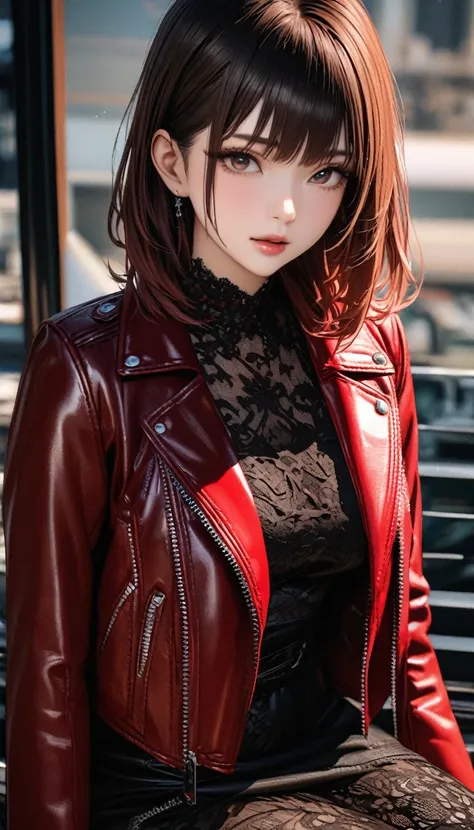 extremely detailed photo of a woman,  Wearing a black lace dress, Open red leather jacket, 8K Ultra HD, original photography, Model photoshoot