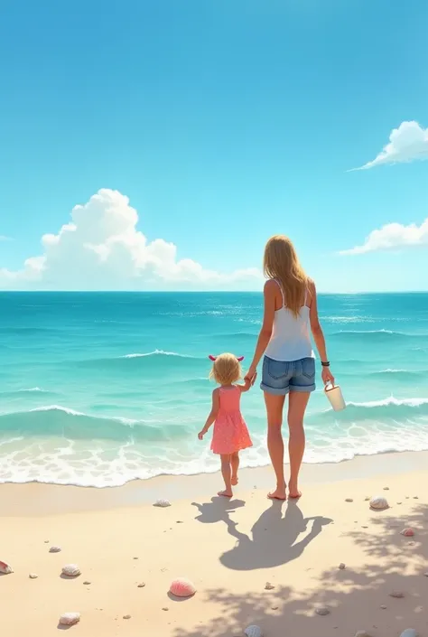 Coast，Tide under the blue sky，Clean, clear waters，Mother and daughter looking for shells together at the beach，Jimmy style