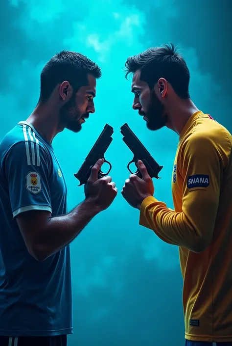 Ronaldo vs messi in blue background
In hand guns