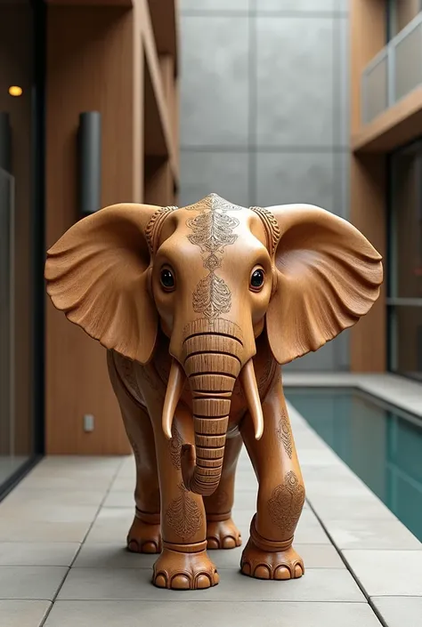 Create a picture related to the handicraft of carved wooden elephants that is combined with modernity.