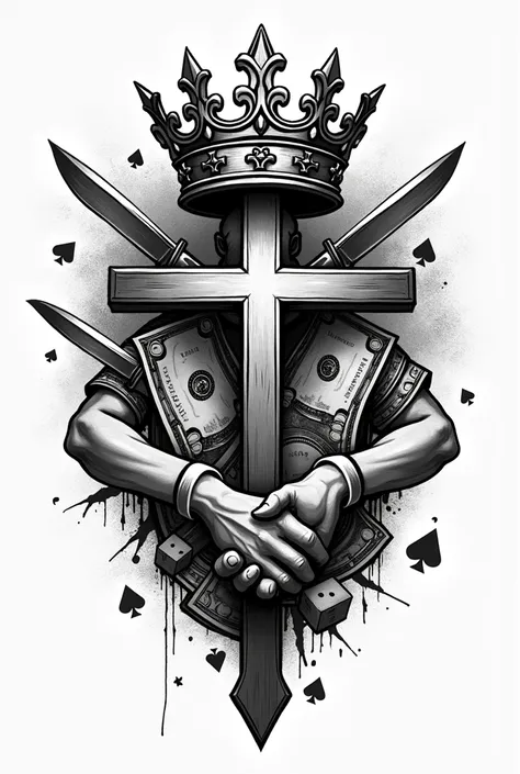 Create me a tattoo-shaped drawing that contains a crown , money and a cross in the center (black and white) with more things but medium size and that it is a type of gangster